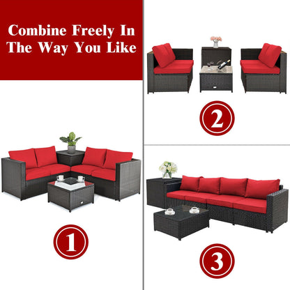 Juego de muebles de ratán para patio exterior de 4 piezas con sofá biplaza acolchado y caja de almacenamiento - Rojo