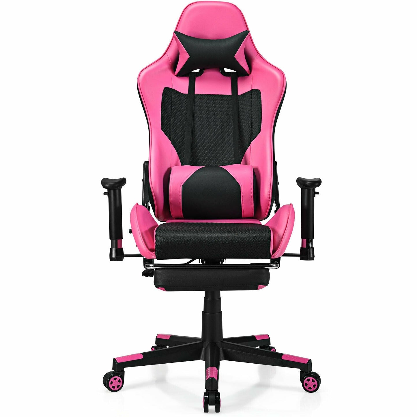 Silla Gaming de Cuero Sintético con Cojín Lumbar de Masaje USB y Reposapiés - Rosa