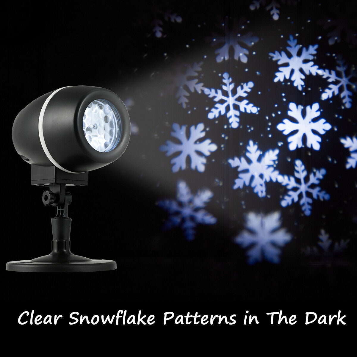 Outdoor snowflake LED projector with remote by DirectDeals, black gobo casting blue snow on Tampa Home & Garden Store