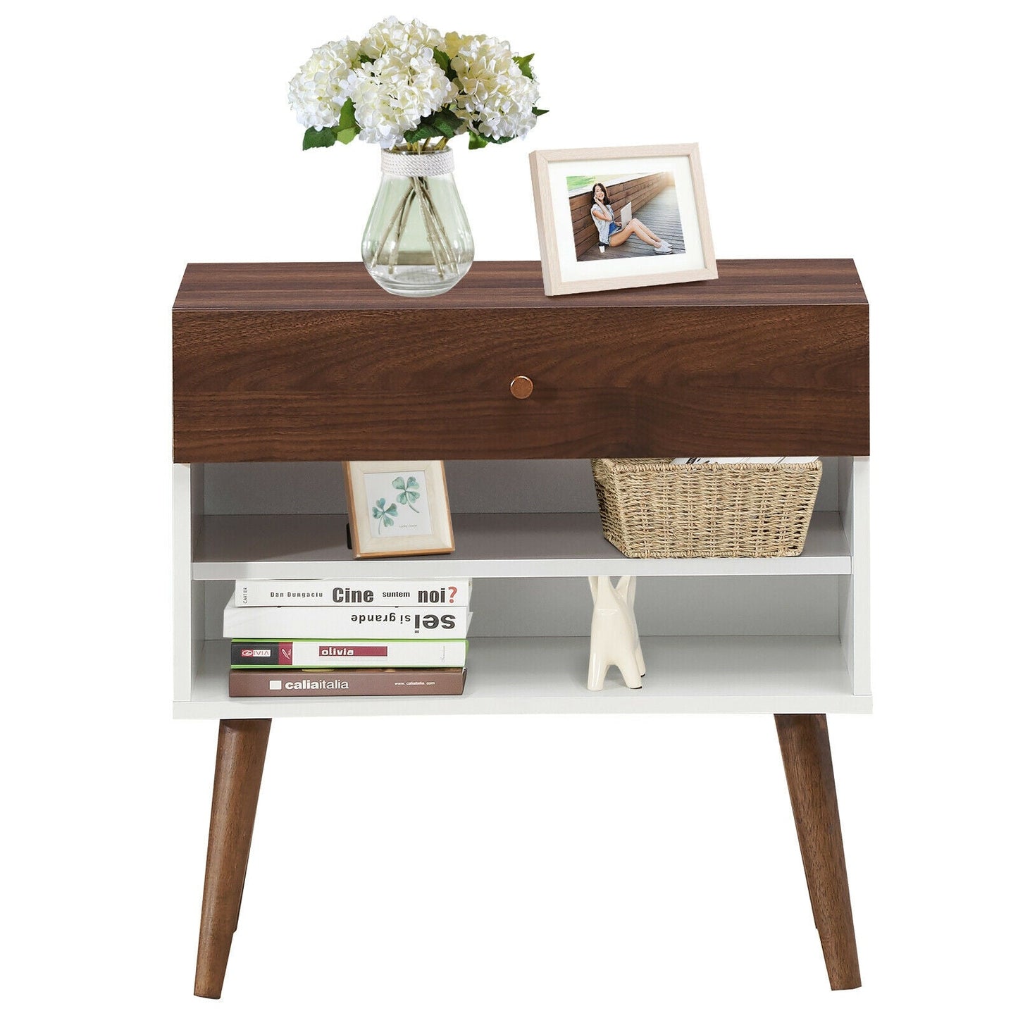 Mesa de noche de mediados de siglo con cajón y patas de madera de caucho