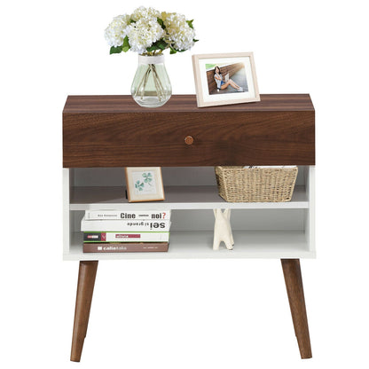 Mesa de noche de mediados de siglo con cajón y patas de madera de caucho