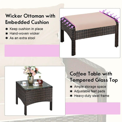 5 Piece Patio Rattan Sofa Set With Ottomans Table