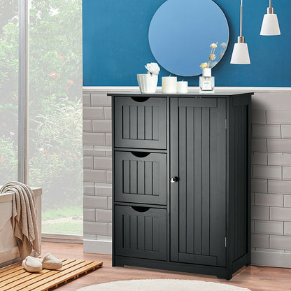 Armario de suelo para baño, armario de almacenamiento lateral con 3 cajones y 1 compartimento - Negro