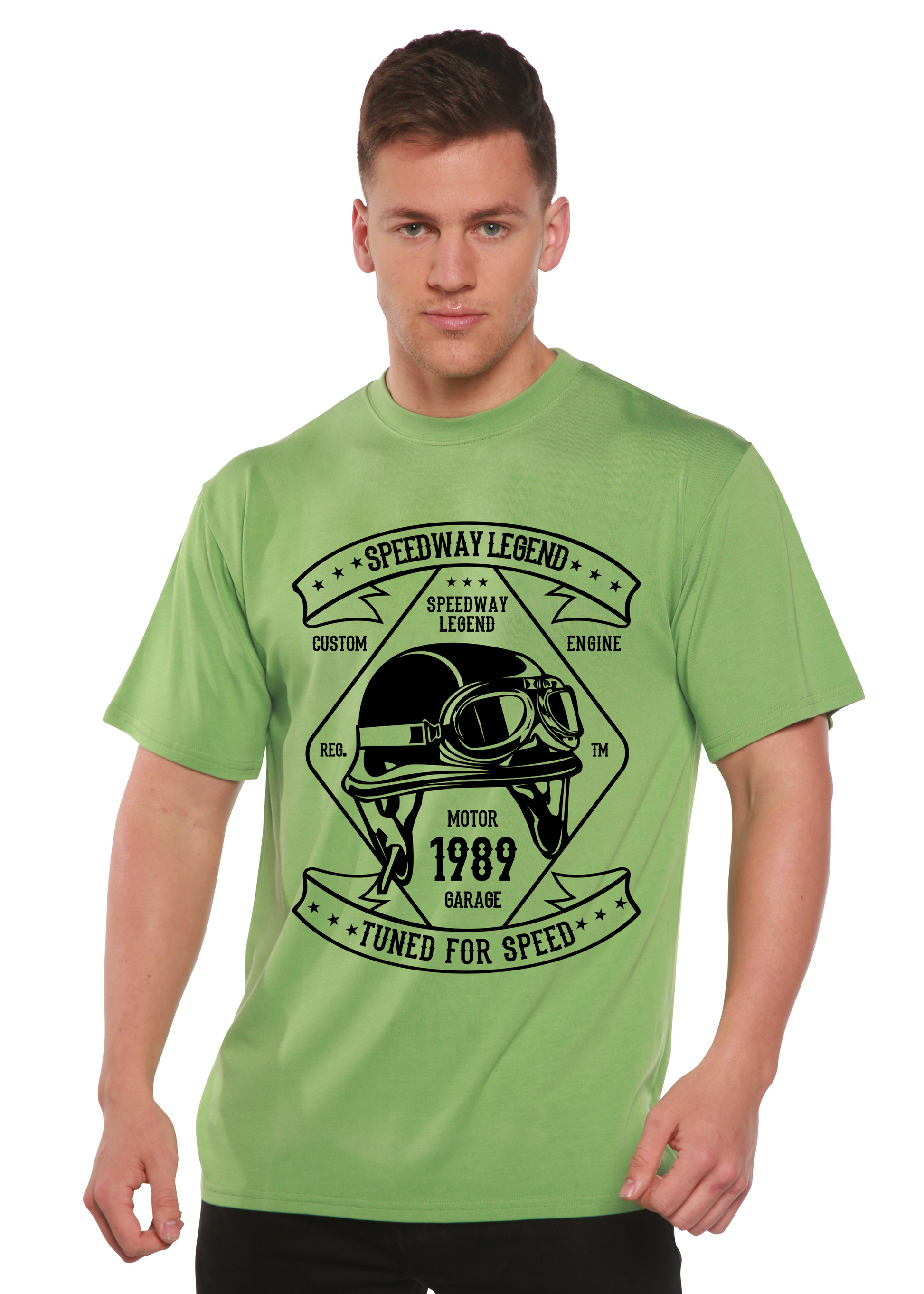 Spun Bamboo Speedway Legend men's short sleeve tee lime green with helmet motif on Tampa Home & Garden Store