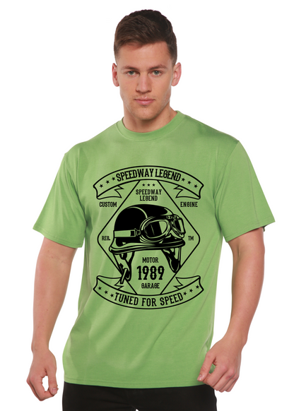Spun Bamboo Speedway Legend men's short sleeve tee lime green with helmet motif on Tampa Home & Garden Store