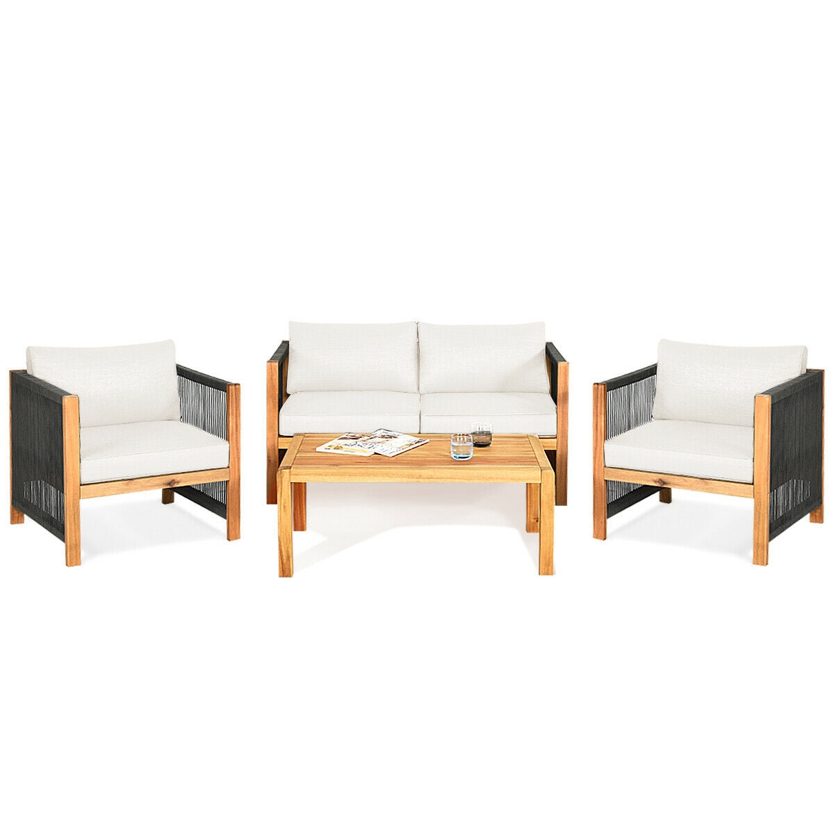 4 Pieces Acacia Wood Outdoor Patio Furniture Set with Cushions-Gray