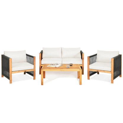 4 Pieces Acacia Wood Outdoor Patio Furniture Set with Cushions-Gray