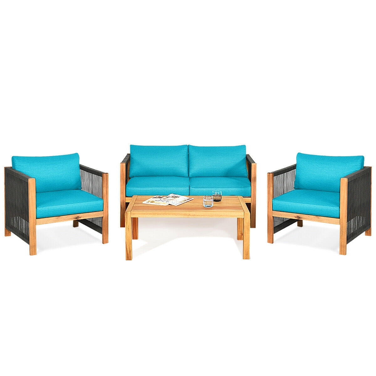 4 Pieces Acacia Wood Outdoor Patio Furniture Set with Cushions-Gray