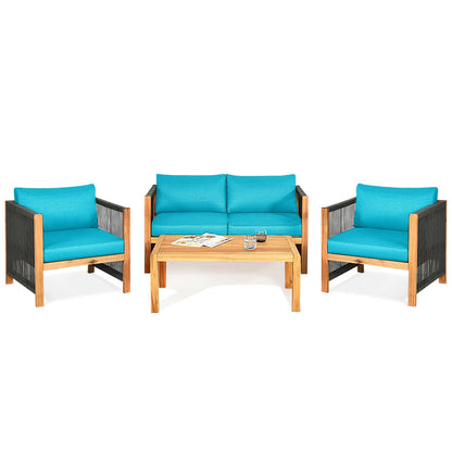 4 Pieces Acacia Wood Outdoor Patio Furniture Set with Cushions-Gray