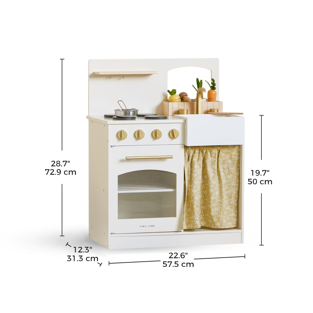 Tiny Land INC wooden play kitchen honey-toned kitchen with stove, oven, sink and curtain on Tampa Home & Garden Store