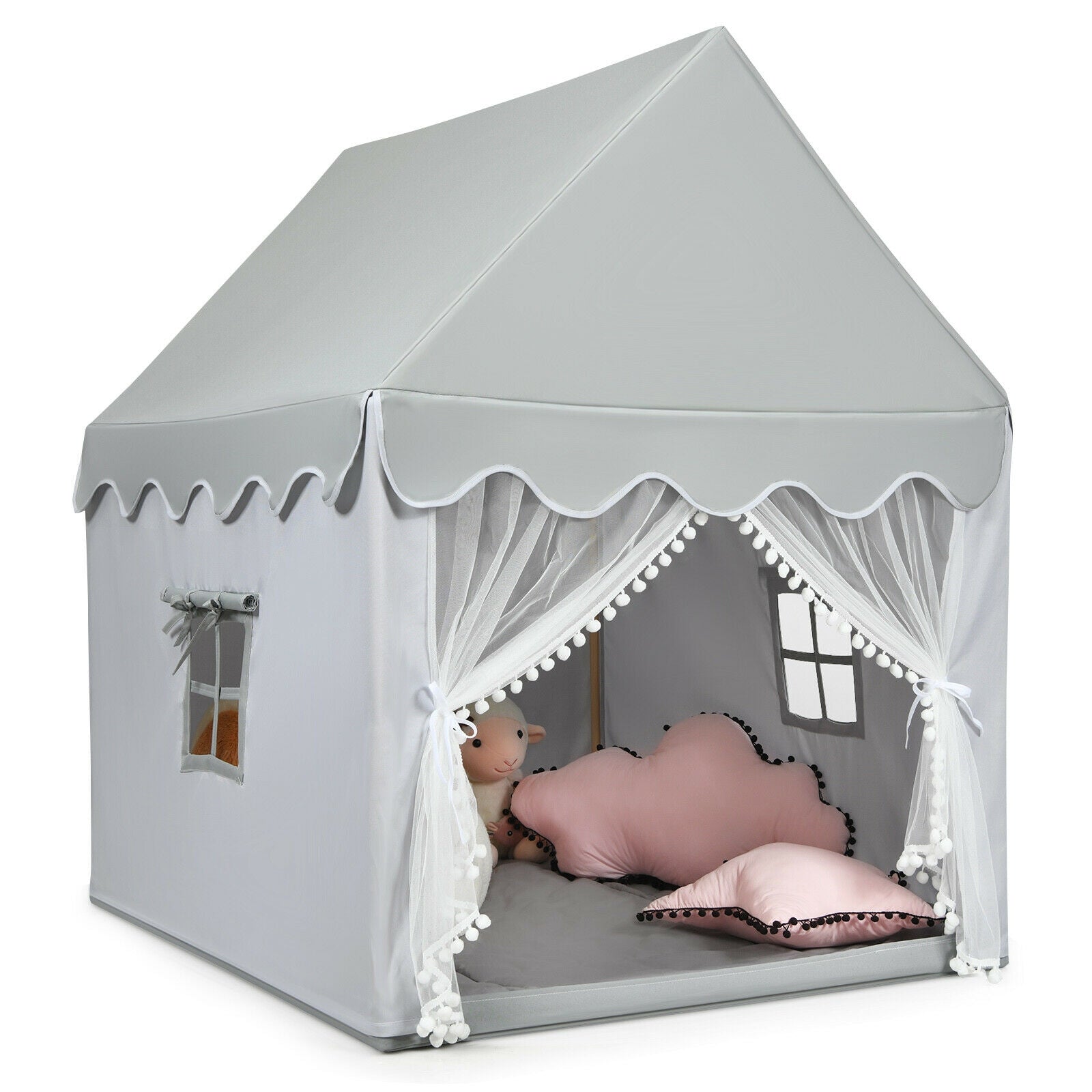 Kids Large Play Castle Fairy Tent with Mat by GemGear, gray fabric, scalloped valance on Tampa Home & Garden Store