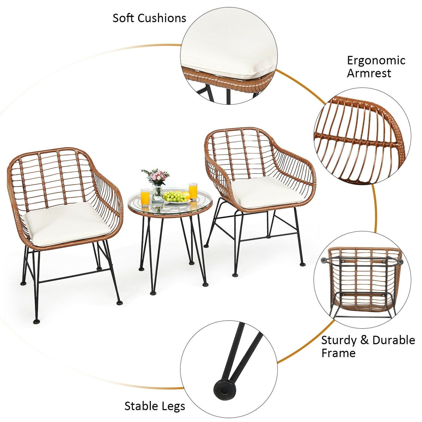 DirectDeals rattan 3-Piece Bistro Set with cushions and glass table wicker on black legs on Tampa Home & Garden Store