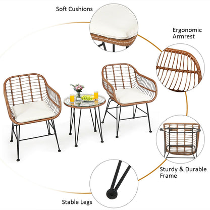 DirectDeals rattan 3-Piece Bistro Set with cushions and glass table wicker on black legs on Tampa Home & Garden Store