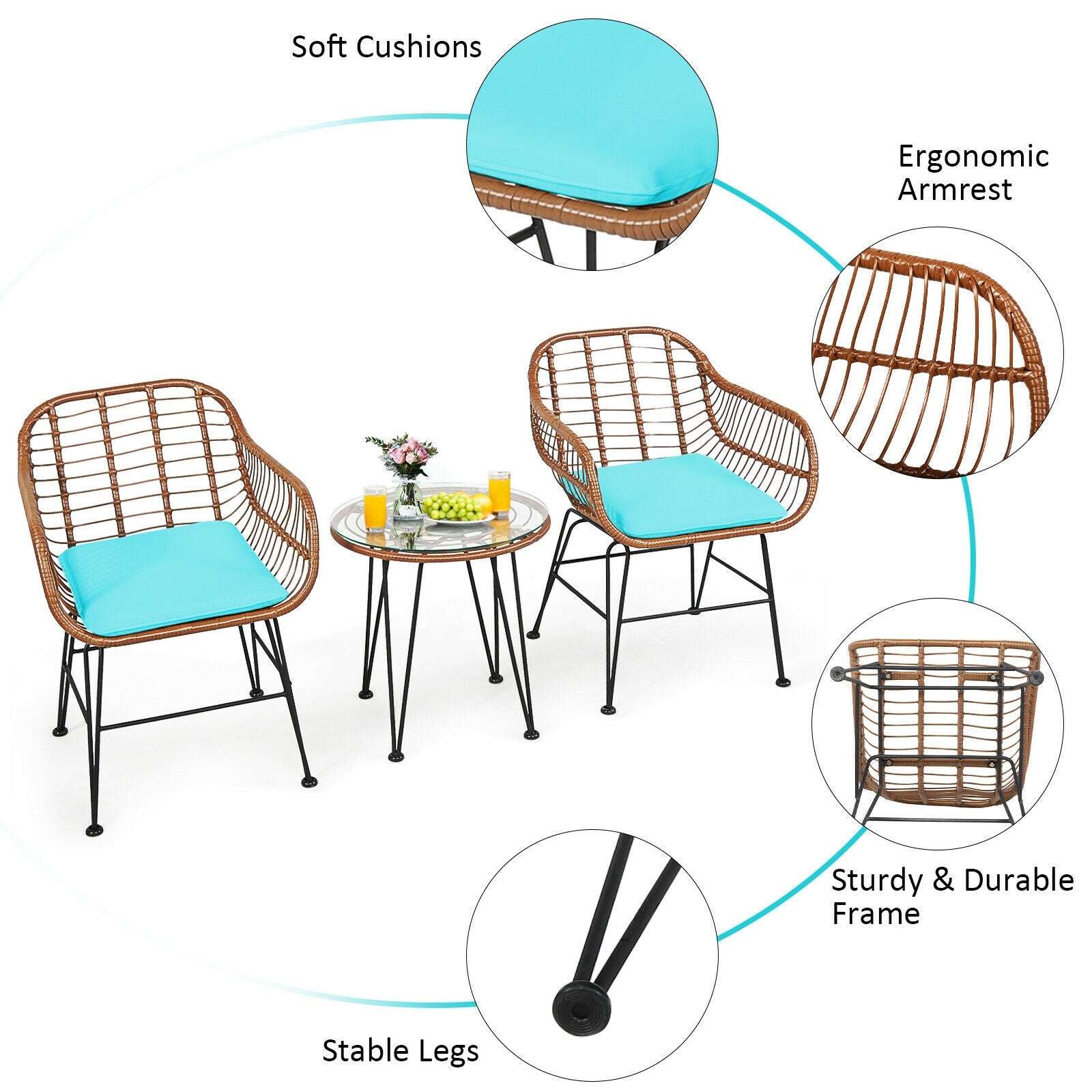 3-Piece Rattan Bistro Set with turquoise cushions and glass table; brown wicker, black legs on Tampa Home & Garden Store
