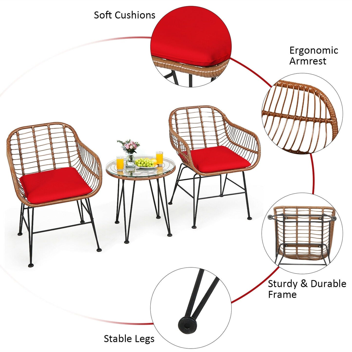 3-Piece Rattan Bistro Set with Cushions and Glass Table brown wicker, red cushions DirectDeals on Tampa Home & Garden Store