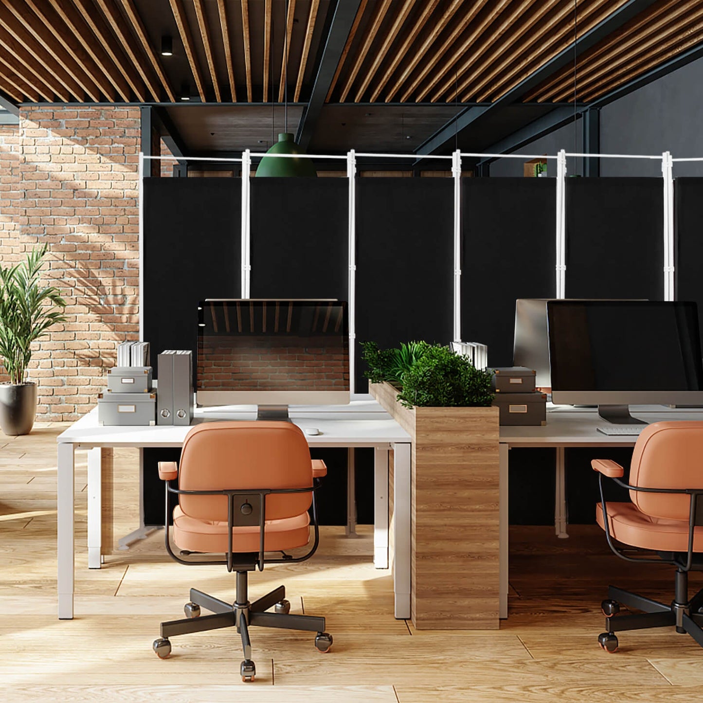 Divisor de ambientes plegable de 6 paneles con base de soporte de acero - Negro