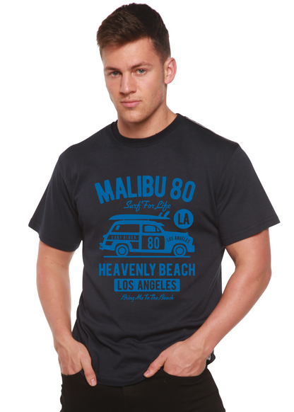 Malibu 80 men's bamboo viscose/organic cotton graphic T-shirt in navy with blue surf-van print on Tampa Home & Garden Store