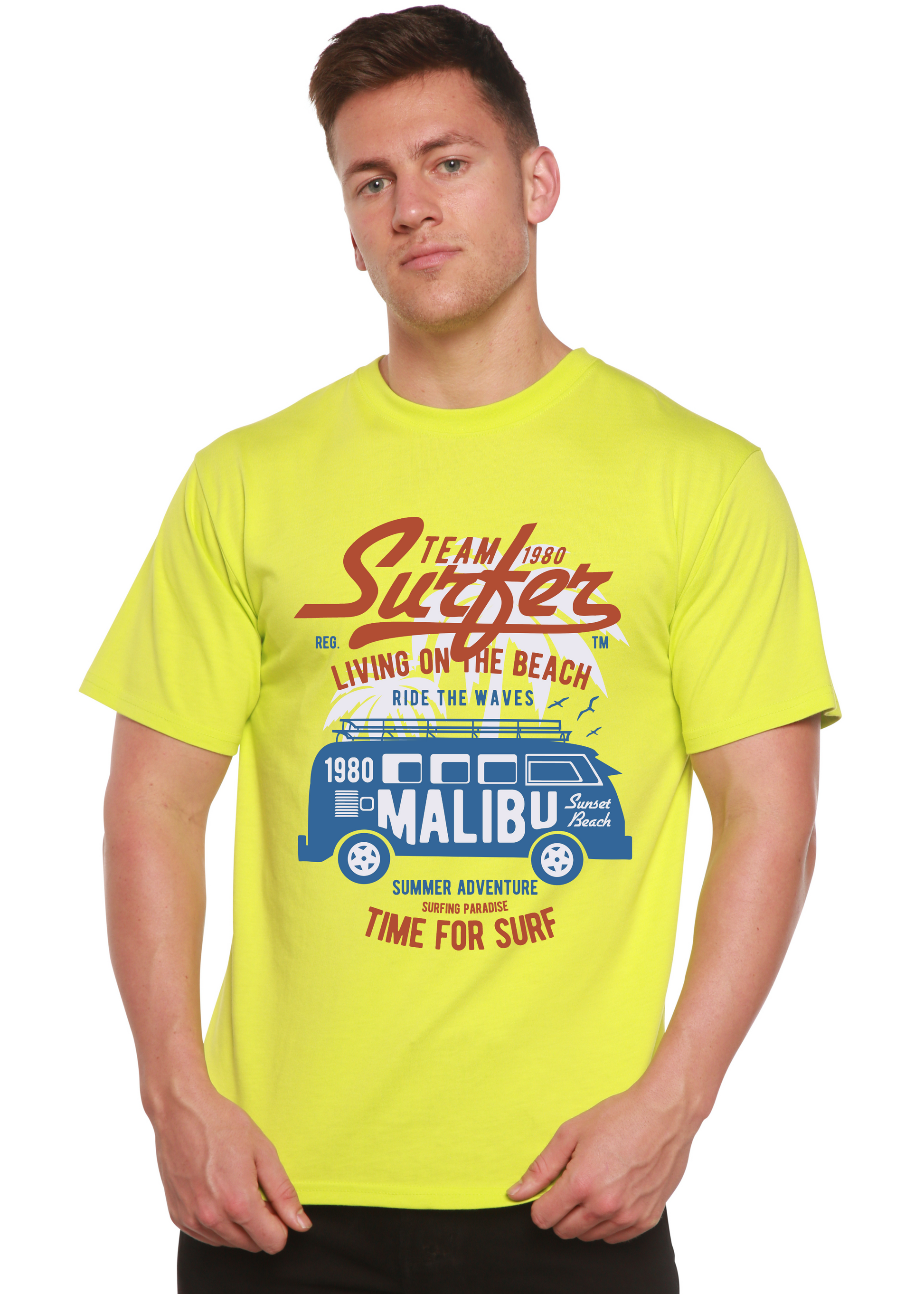 Team Surfer Spun Bamboo men's neon yellow graphic tee with blue Malibu van print on Tampa Home & Garden Store