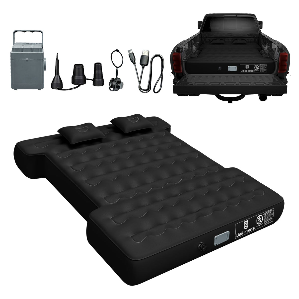 Umbrauto 5.5-6.5ft truck bed air mattress kit with built-in pump and accessories in black on Tampa Home & Garden Store