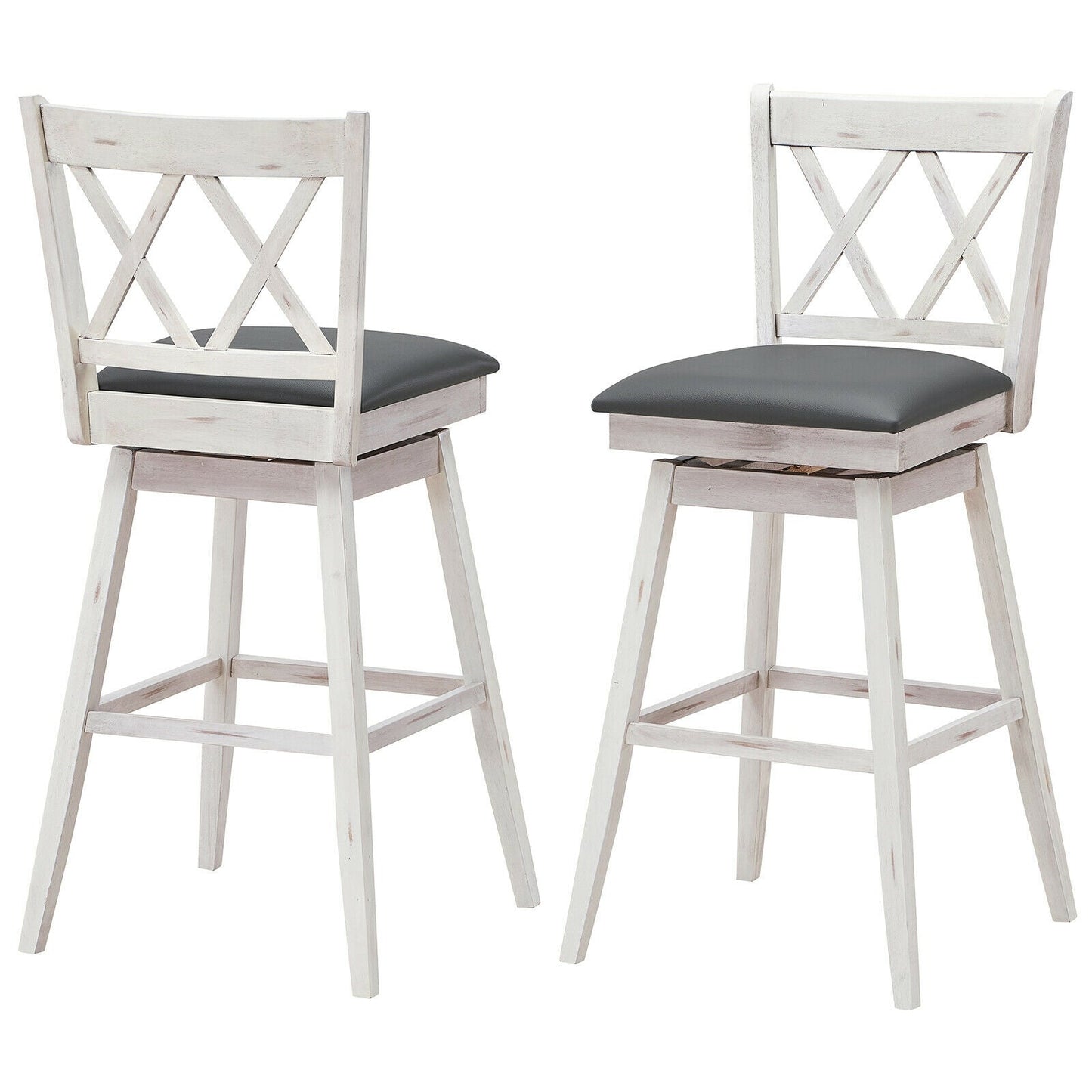 2 Pieces 29 Inches Swivel Counter Height Barstool Set with Rubber Wood Legs-White