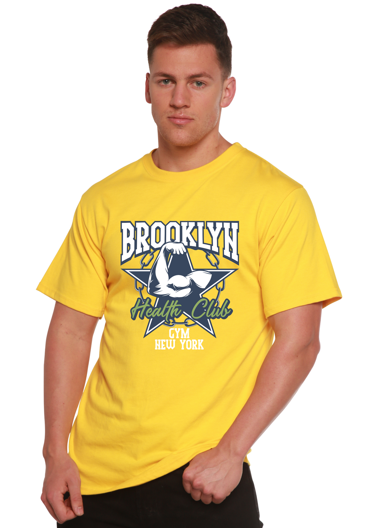 Brooklyn Health Club men's graphic T-shirt bright yellow bamboo viscose/organic cotton Spun Bamboo on Tampa Home & Garden Store