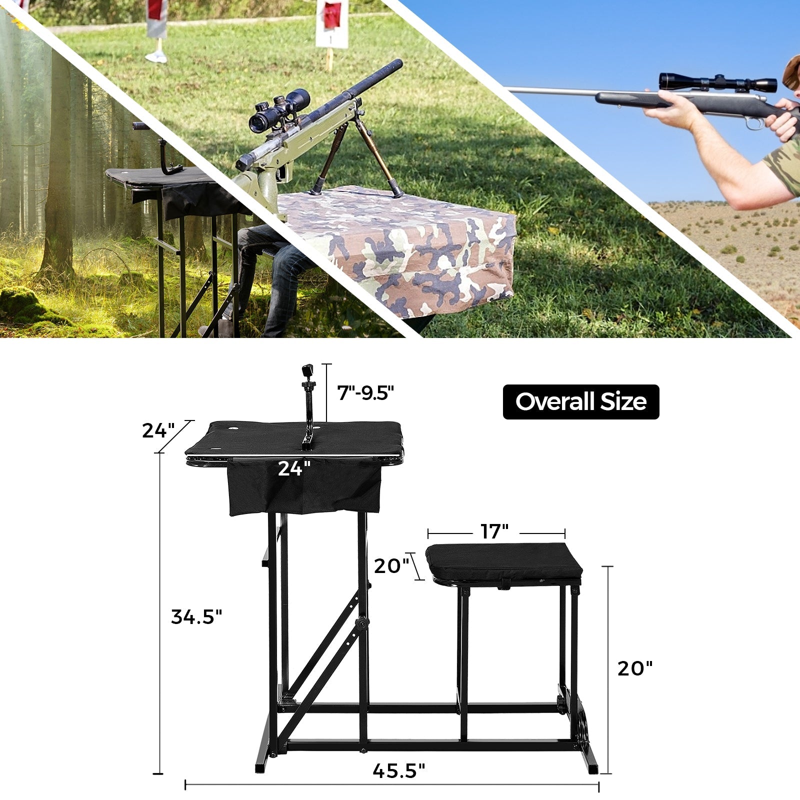 GemGear foldable shooting bench with adjustable height table; black steel frame, camo top, rifle rest on Tampa Home & Garden Store