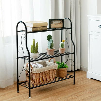 Estante de metal para plantas con diseño de pergaminos de 3 niveles - Negro