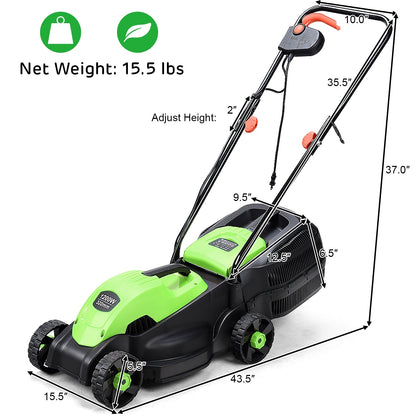 Cortacésped eléctrico con cable de empuje de 13 pulgadas con bolsa recolectora de hierba - Verde
