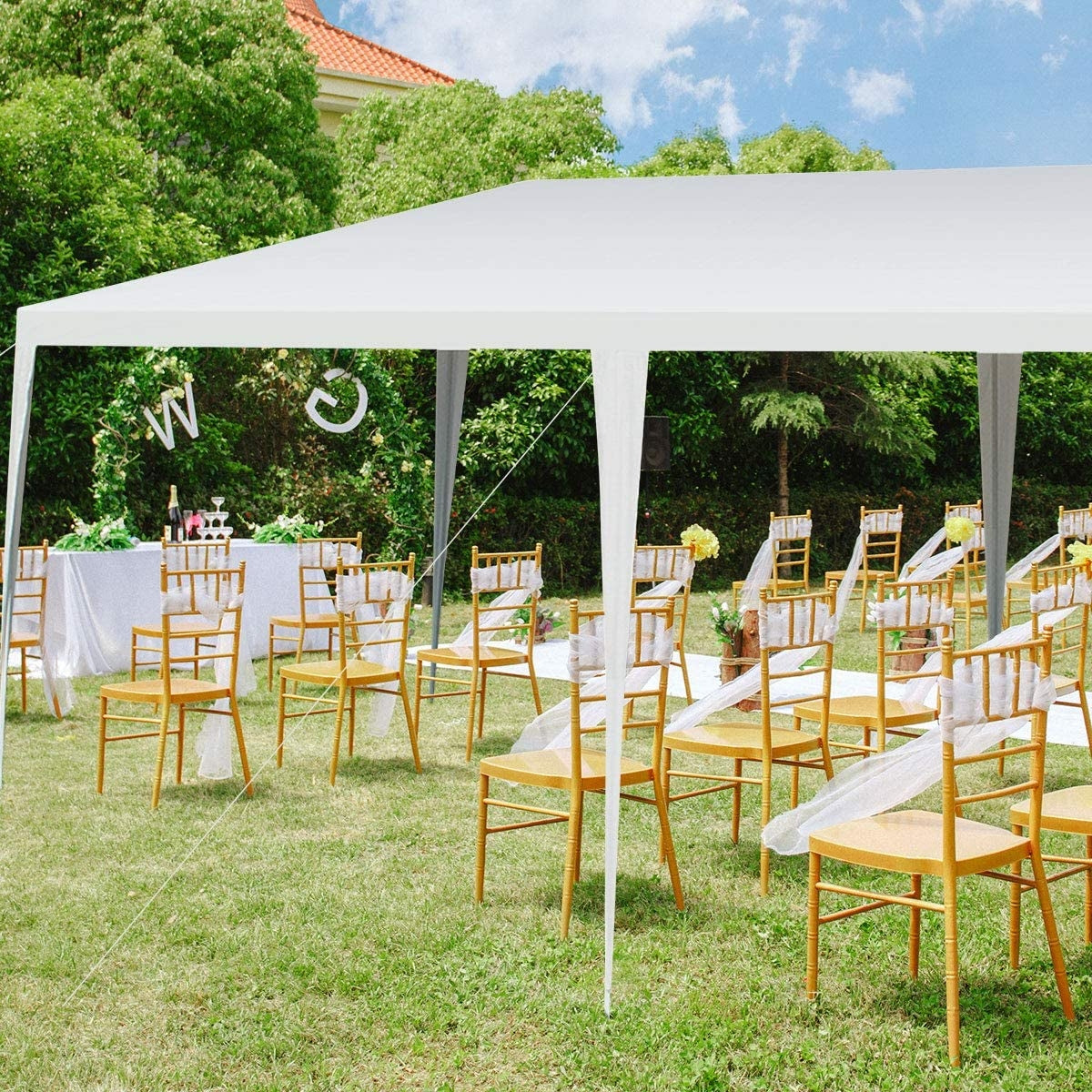 GemGear 10 x 20 ft waterproof canopy tent with pegs outdoor wedding setup with gold chairs on Tampa Home & Garden Store