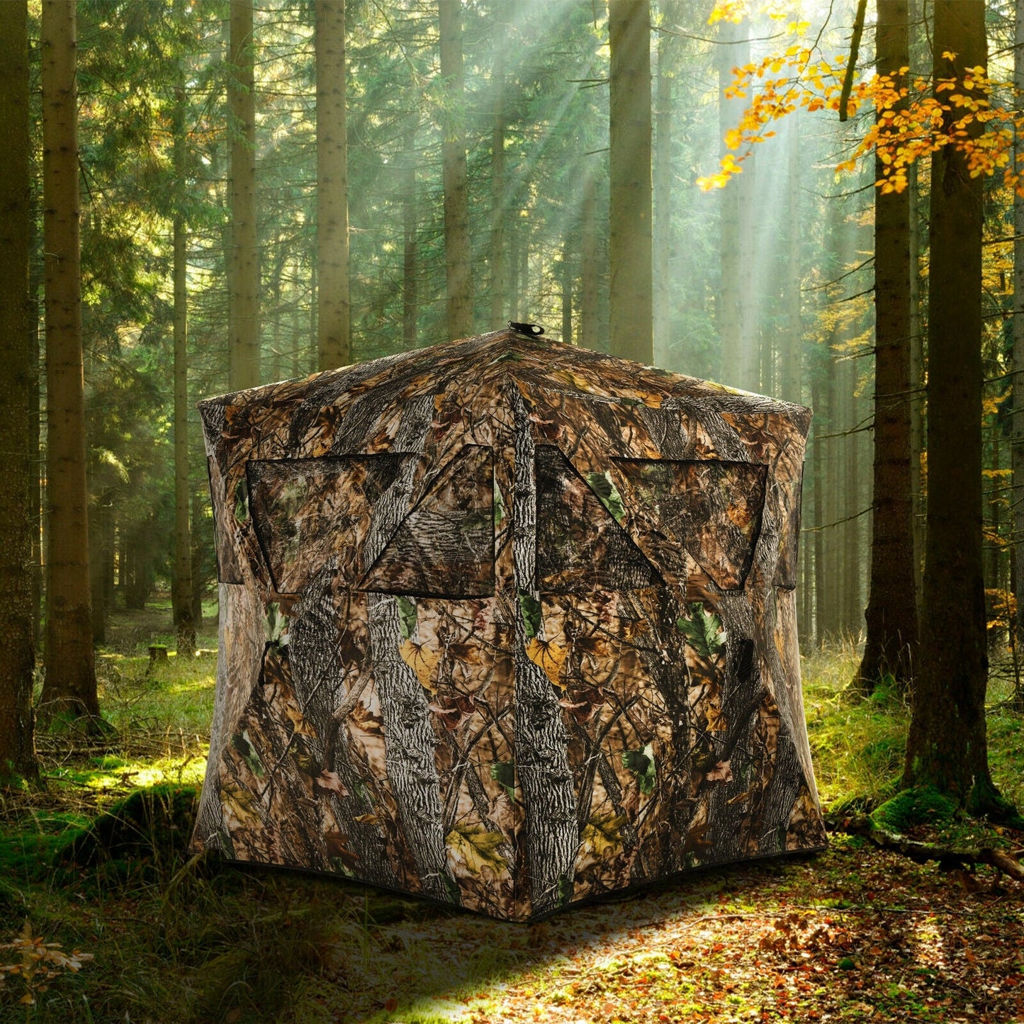 GemGear 3 Person Portable Pop-Up Ground Hunting Blind in woodland camo with window screens on Tampa Home & Garden Store