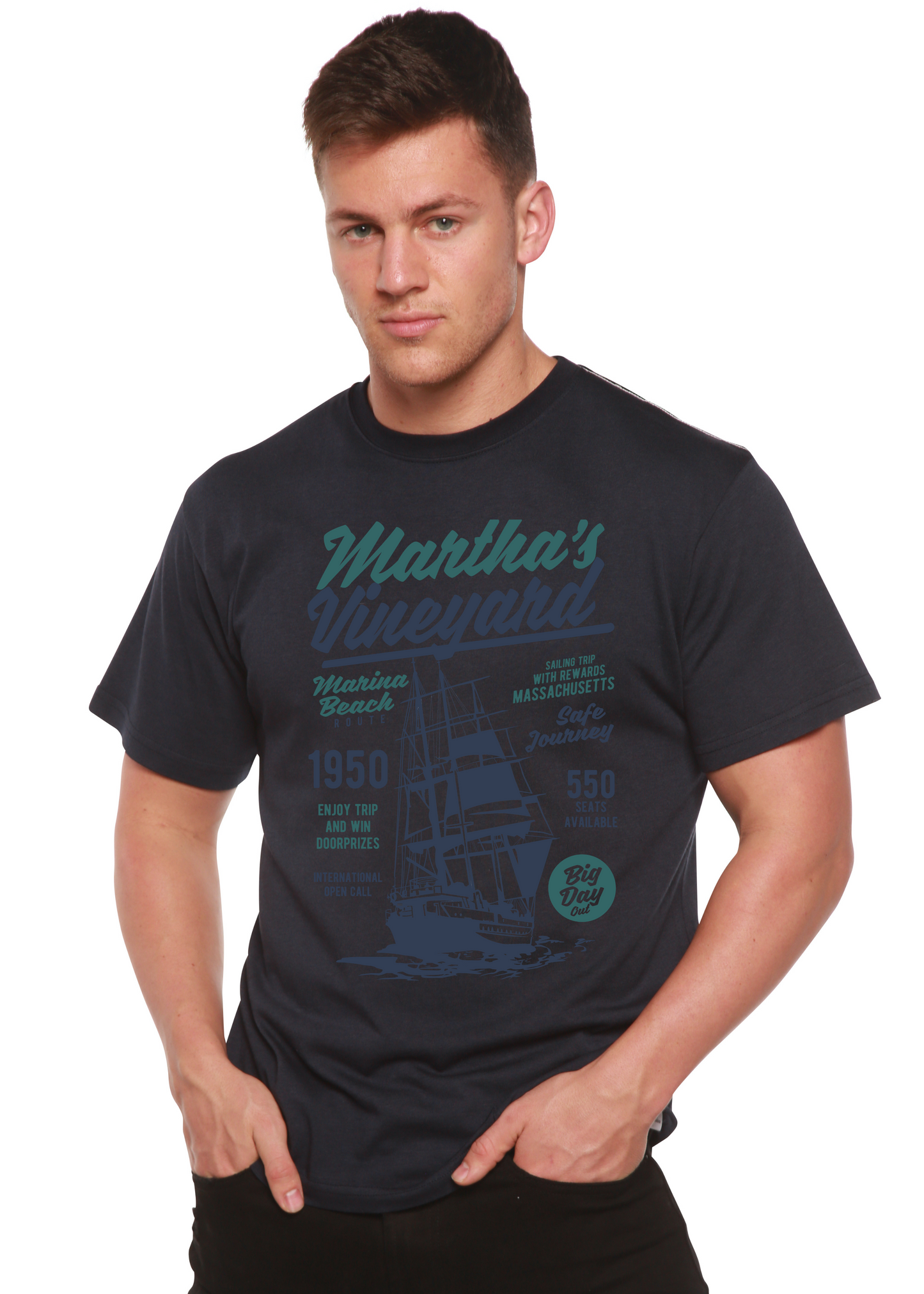 Martha's Vineyard men's graphic tee navy; bamboo viscose/organic cotton short sleeve by Spun Bamboo on Tampa Home & Garden Store