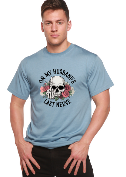 On My Husbands Last Nerve sublimation unisex bamboo/cotton tee skull and flowers light blue on Tampa Home & Garden Store