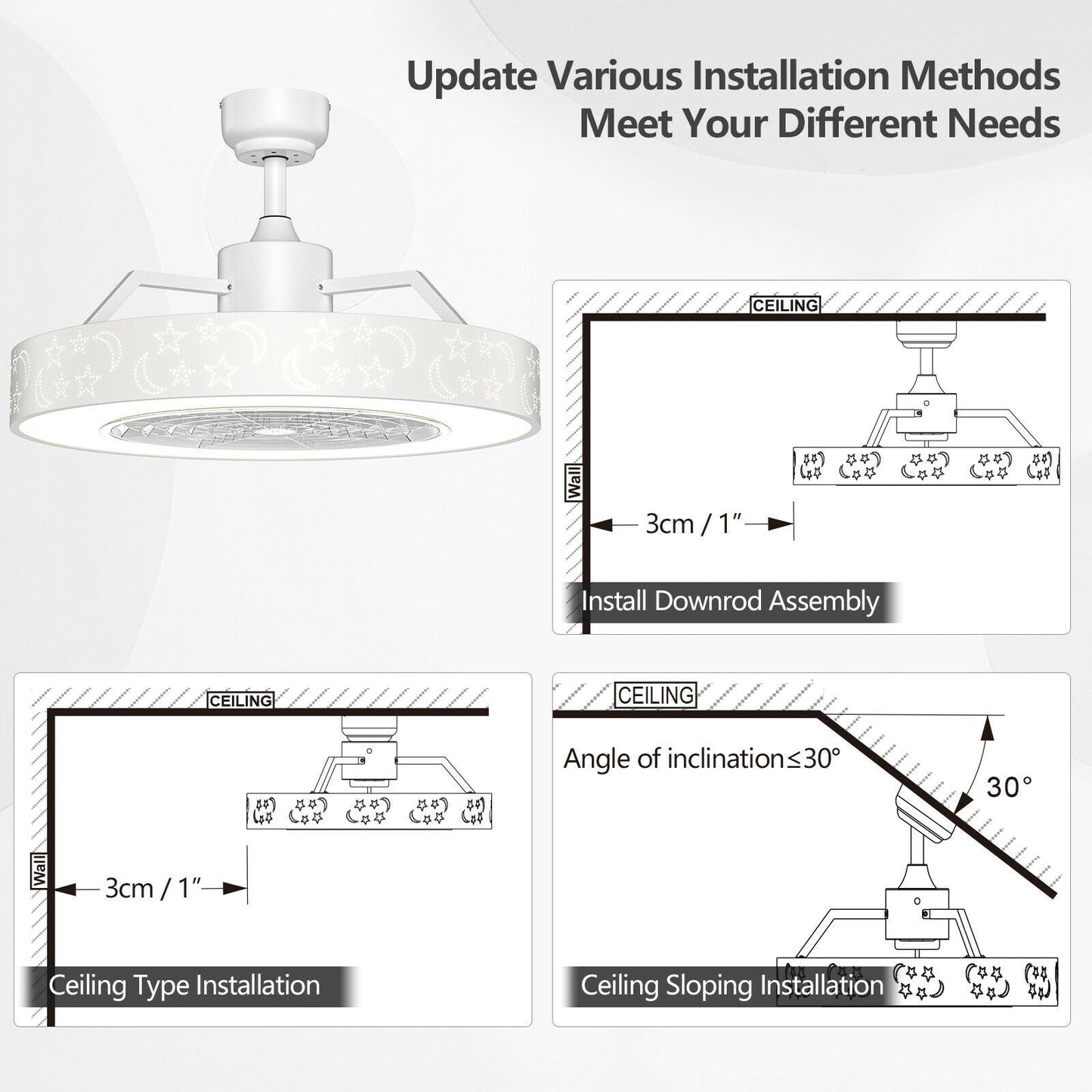 Ventilador de techo de 23 pulgadas con luz LED y control remoto - Blanco