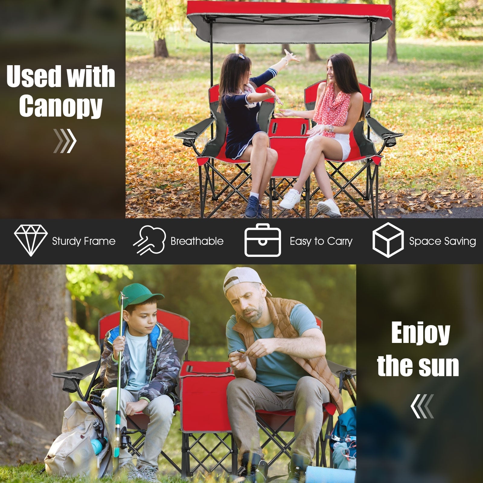 GemGear portable folding camping canopy chairs with cup holders, red two-seat set in park on Tampa Home & Garden Store