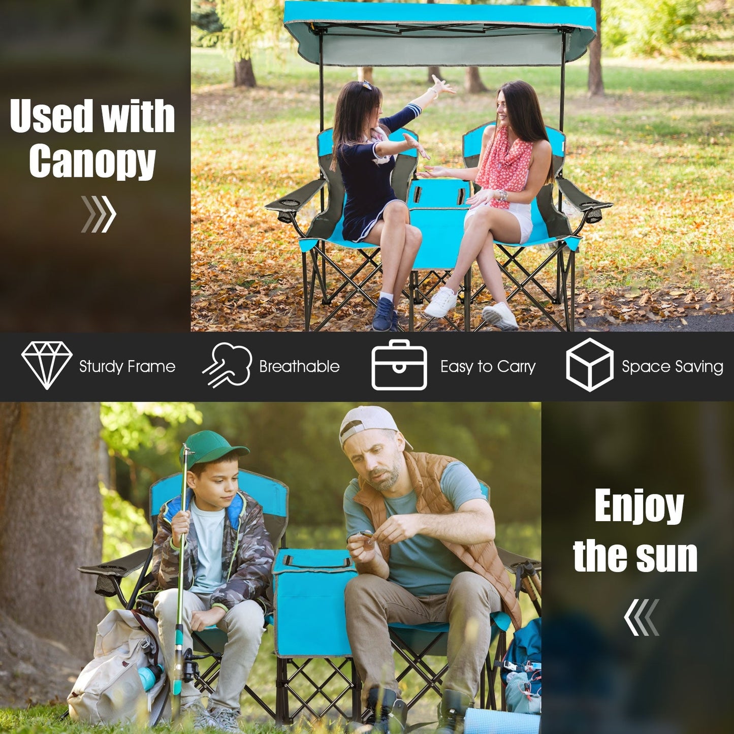 Portable folding camping canopy chairs with cup holder by GemGear, blue two-person set on Tampa Home & Garden Store