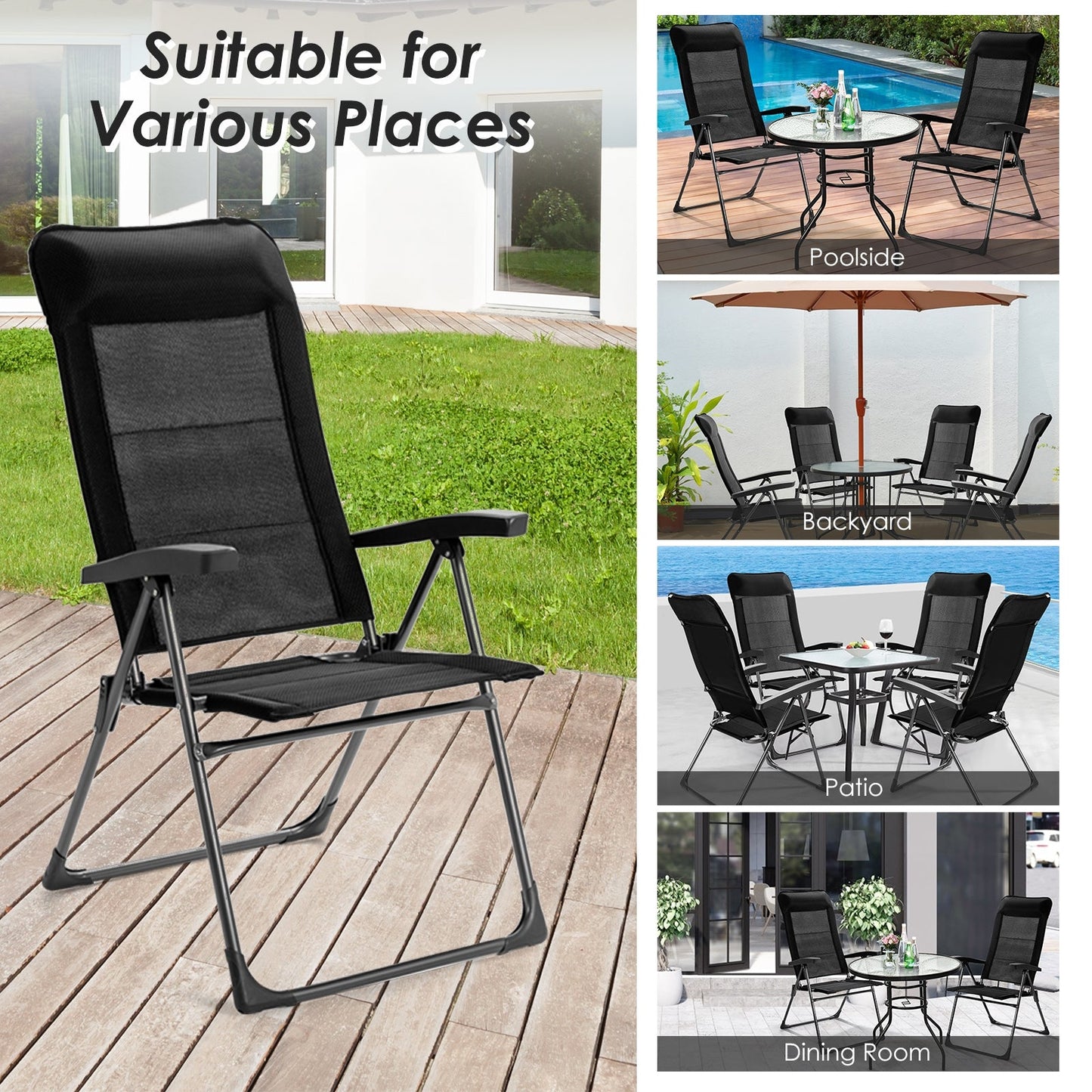 GemGear 2pc Black Portable Patio Folding Chairs with Headrest Adjustable on Tampa Home & Garden Store
