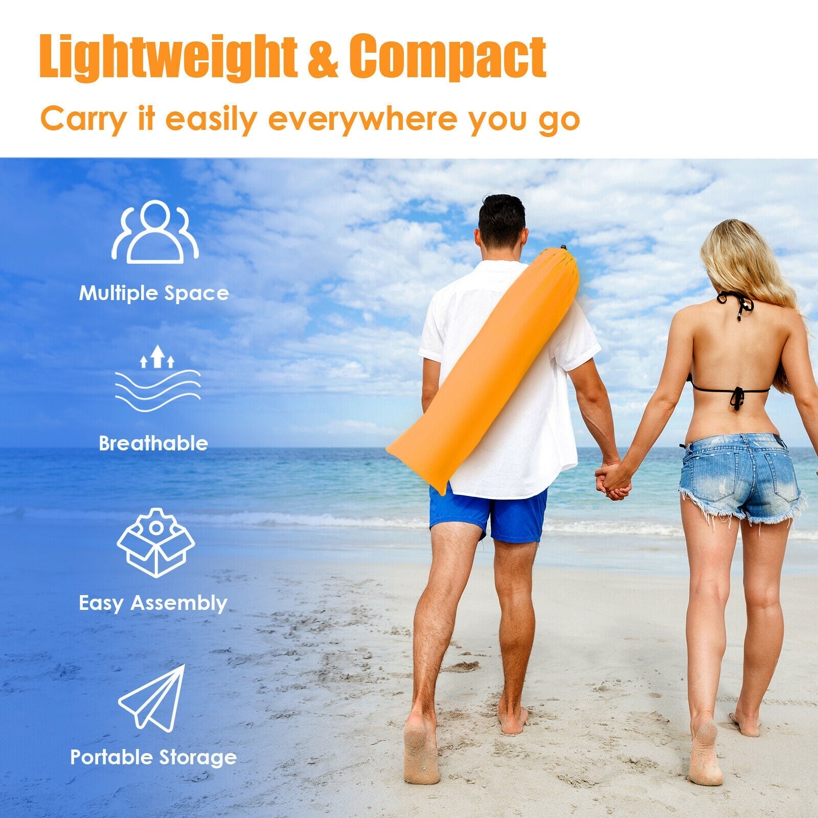 GemGear 3-4 Person Easy Pop Up Beach Tent UPF 50+ Sun Shelter two people at beach orange mat on Tampa Home & Garden Store