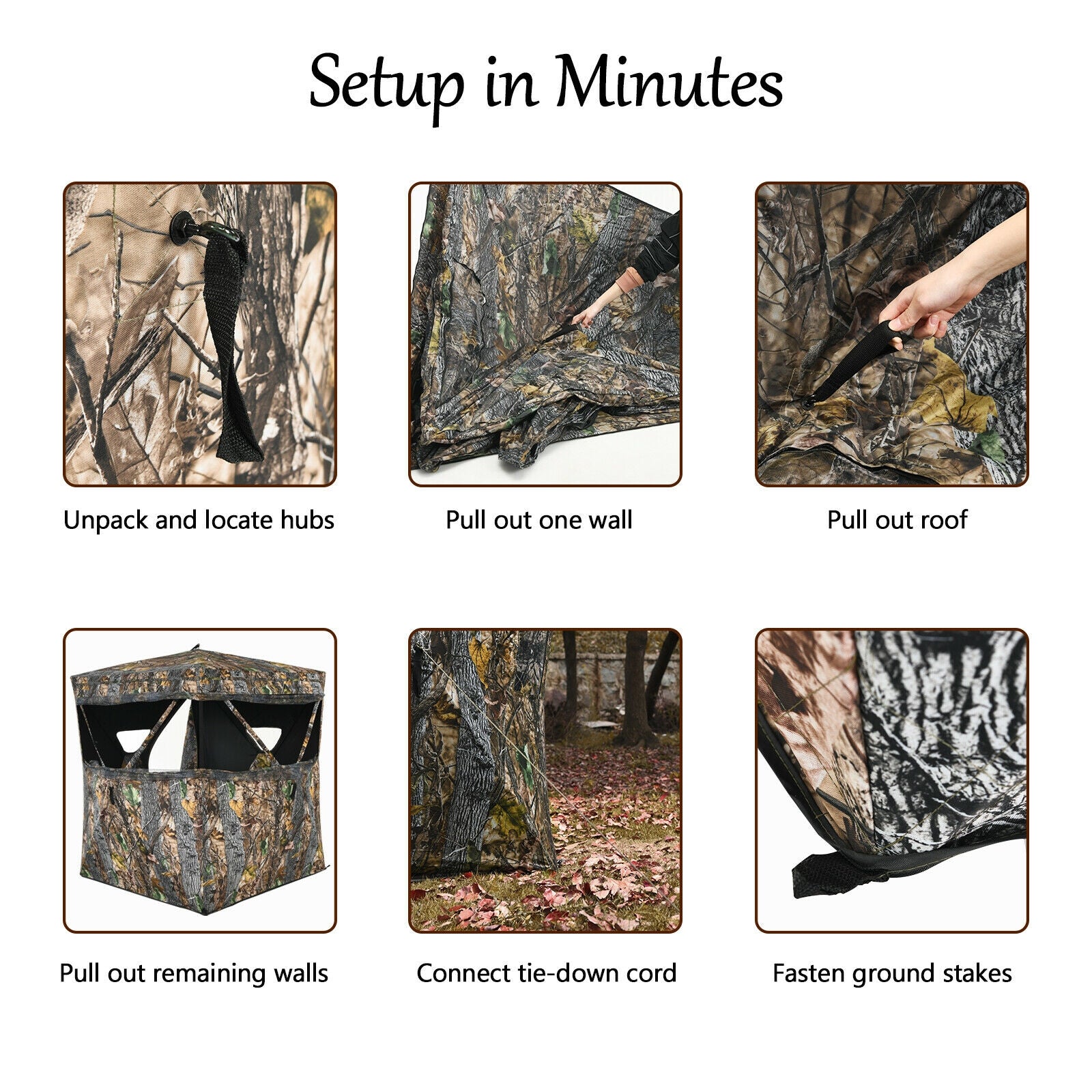 GemGear 3 Person Portable Surround View Tent with Slide Mesh Window camo, setup steps shown on Tampa Home & Garden Store
