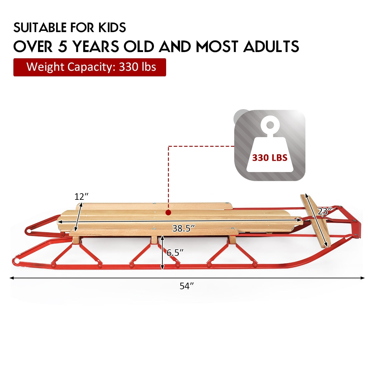 DirectDeals 54 Inch wood snow sled with red metal runners and steering bar, 330 lbs capacity on Tampa Home & Garden Store