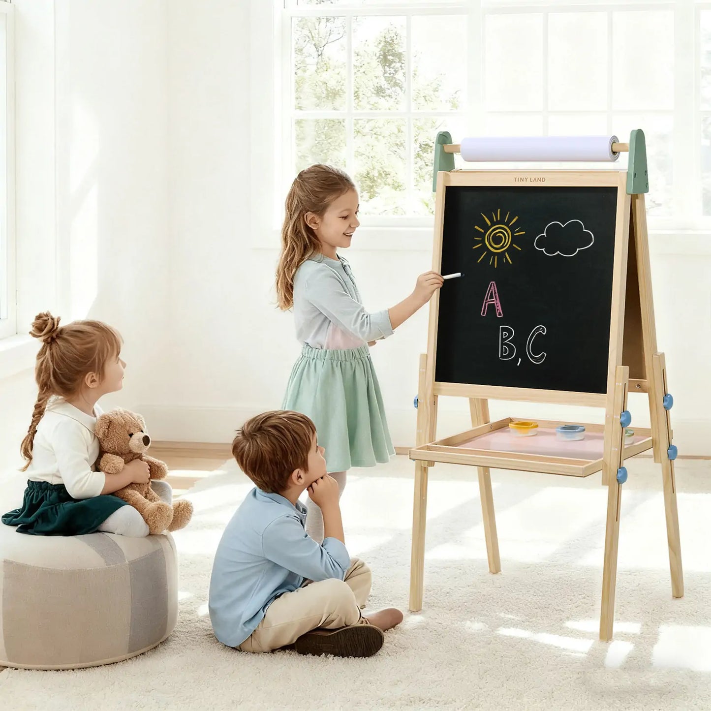 Tiny Land 3-in-1 Kids Easel with chalkboard and paper roll in light wood frame on Tampa Home & Garden Store