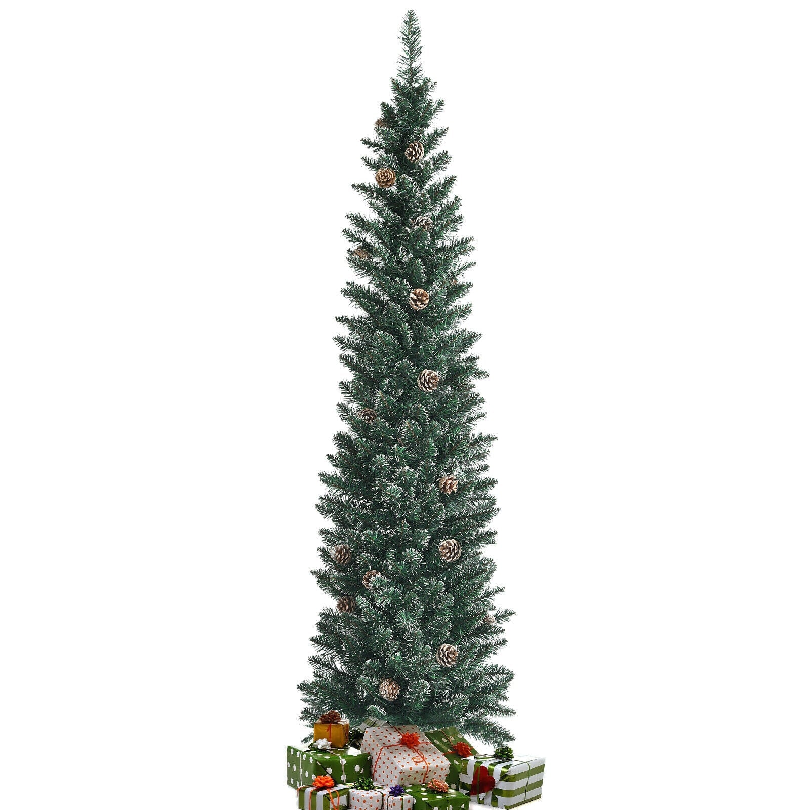 Snowy Pencil Christmas Tree with pine cones DirectDeals, slender evergreen base gifts on Tampa Home & Garden Store