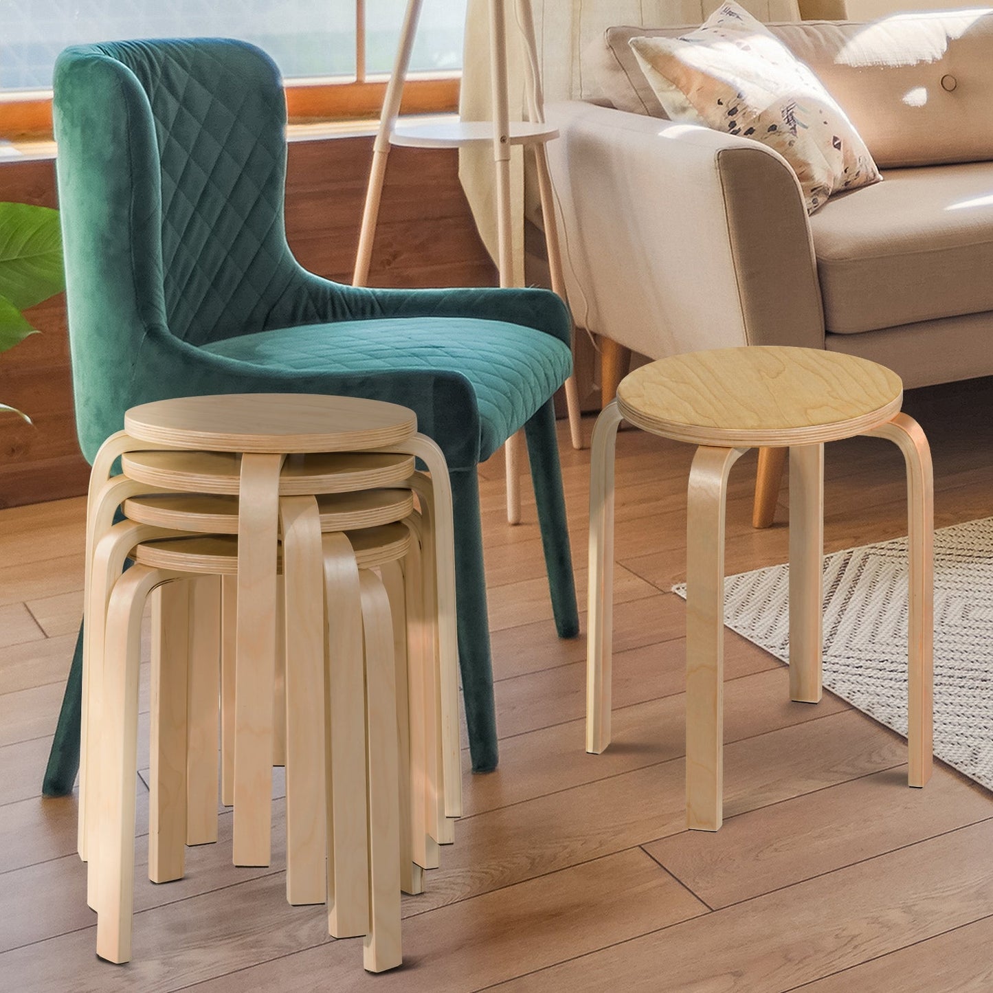 Juego de 4 sillas de comedor sin respaldo de madera de 18 pulgadas para el hogar - Natural
