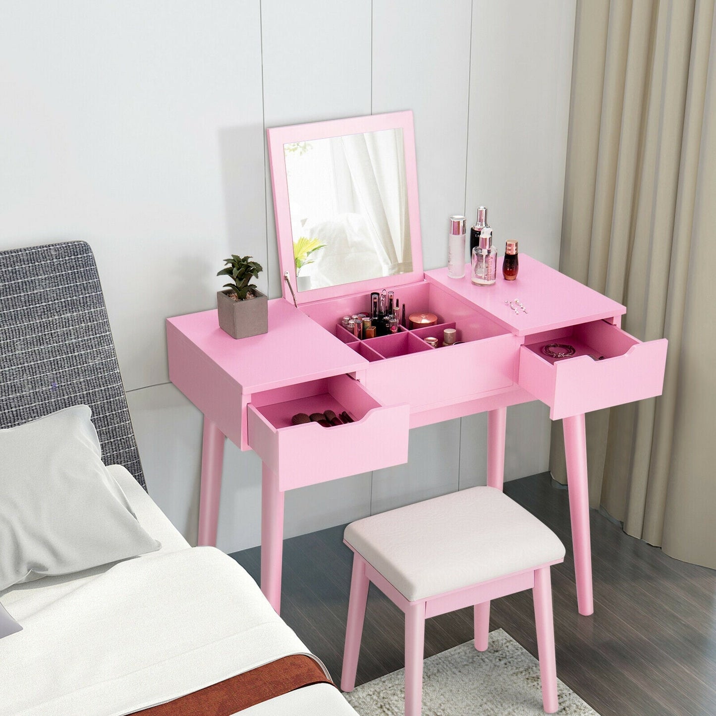 Juego de Tocador de Maquillaje con Espejo Abatible y 2 Cajones - Rosa