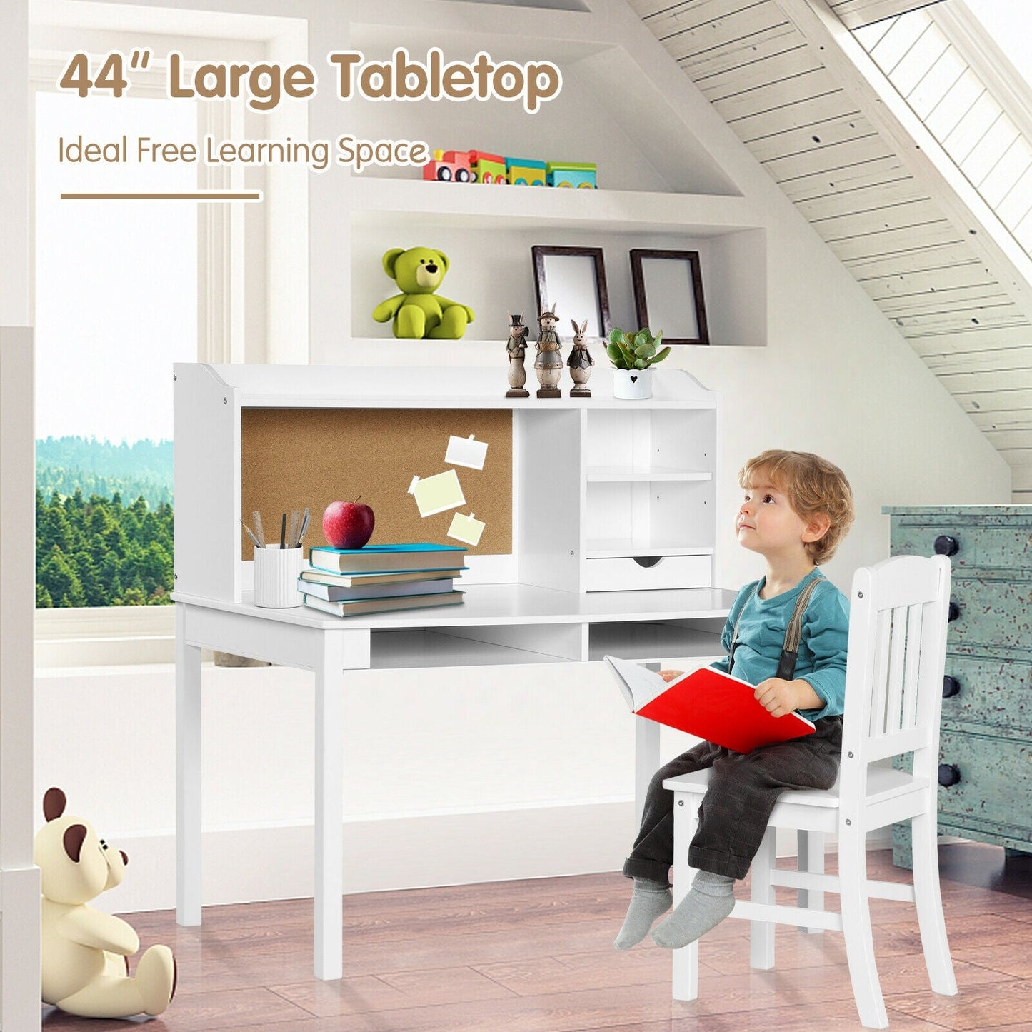 Kids Desk and Chair Set Study Writing Desk with Hutch and Bookshelves