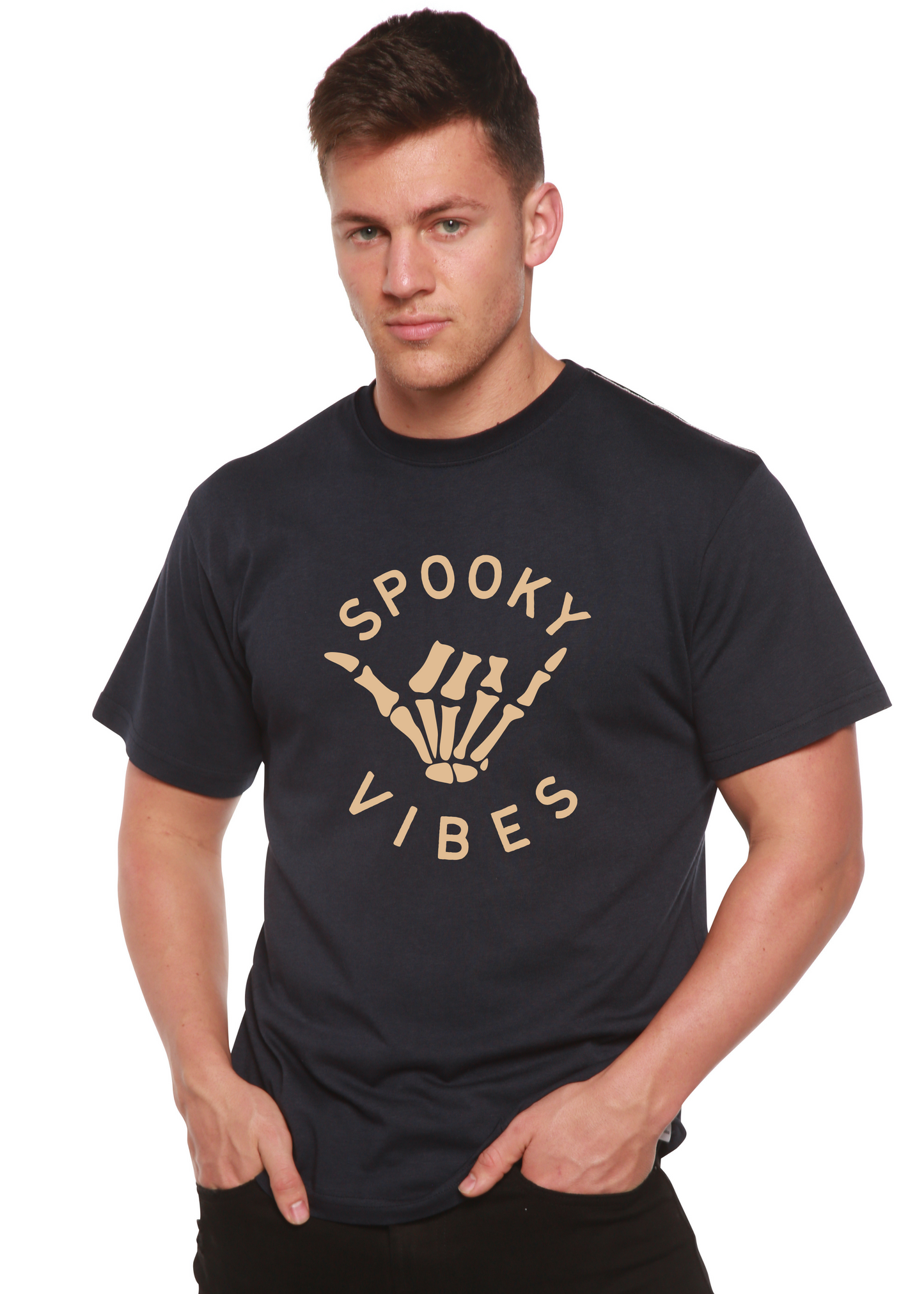 Spooky Vibes men's bamboo viscose short sleeve graphic tee with beige skeleton hand on navy on Tampa Home & Garden Store