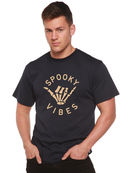 Spooky Vibes men's bamboo viscose short sleeve graphic tee with beige skeleton hand on navy on Tampa Home & Garden Store