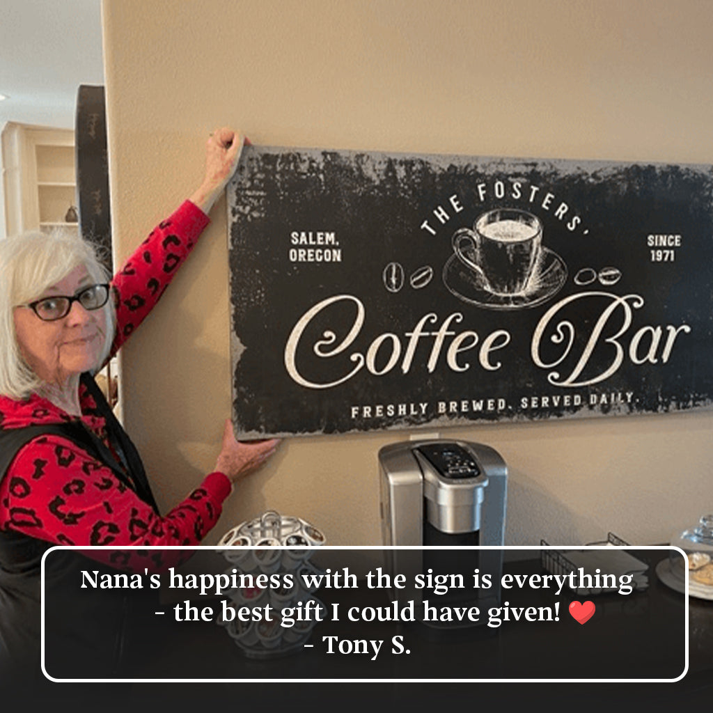 Coffee Bar sign canvas by Tailored Canvases, crafting canvas with coffee cup graphic on Tampa Home & Garden Store
