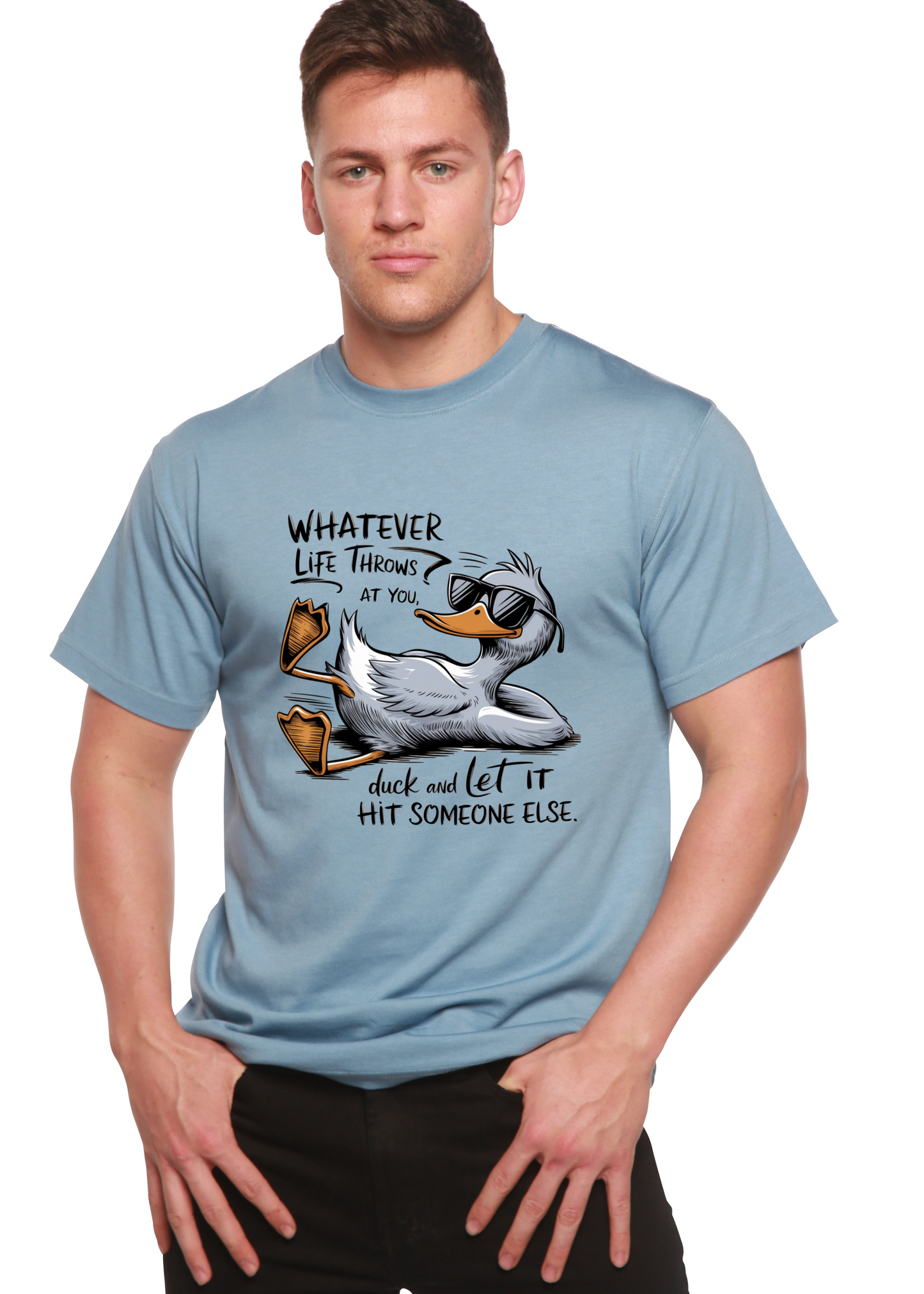 Unisex blue bamboo/cotton T-shirt with a duck in sunglasses and Whatever Life Throws at You on Tampa Home & Garden Store