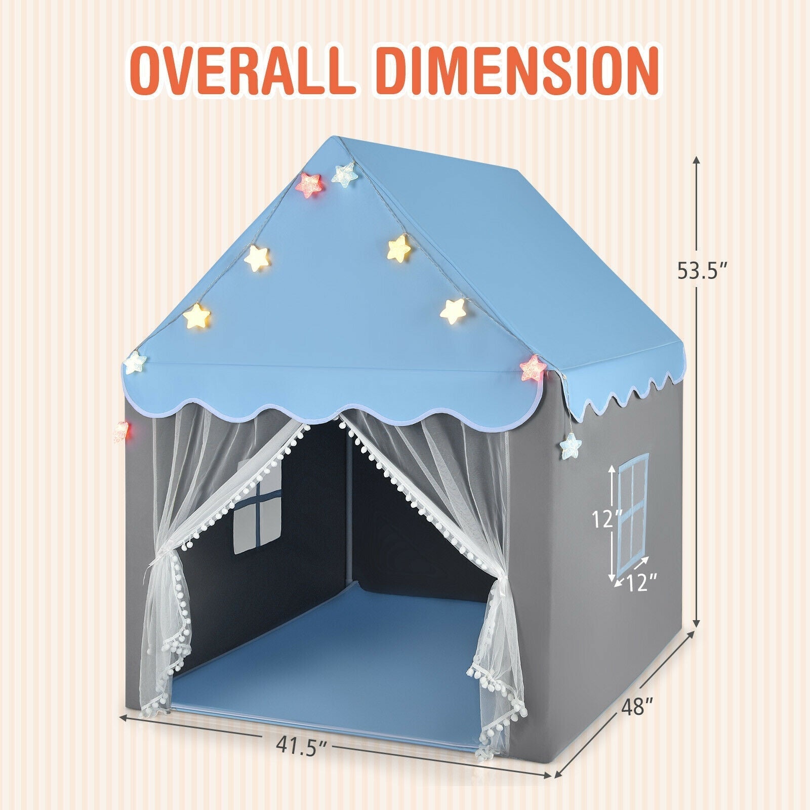 GemGear blue kids playhouse tent with star lights, scalloped trim, sheer curtains, gray base 53.5in tall on Tampa Home & Garden Store