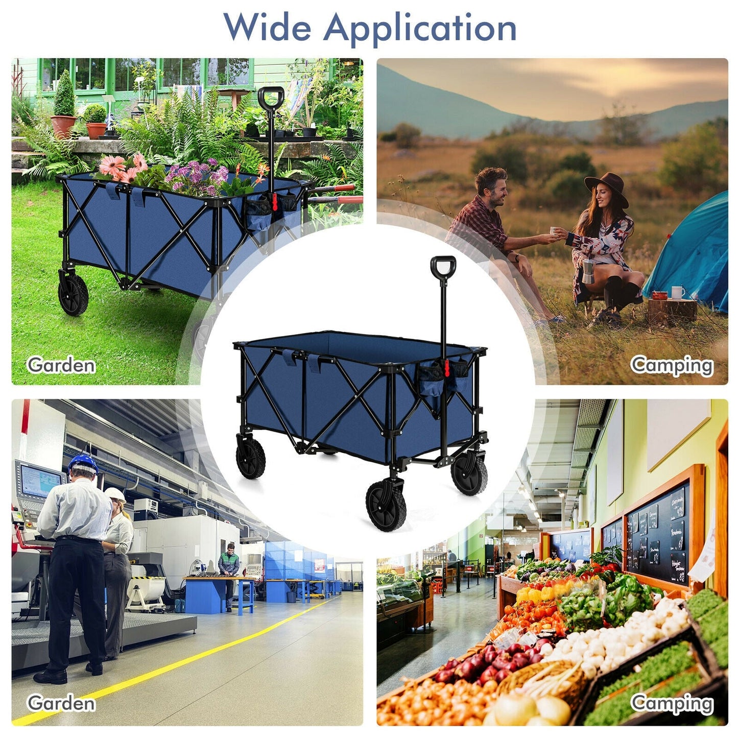 Outdoor Folding Wagon Cart with Adjustable Handle and Universal Wheels-Gray